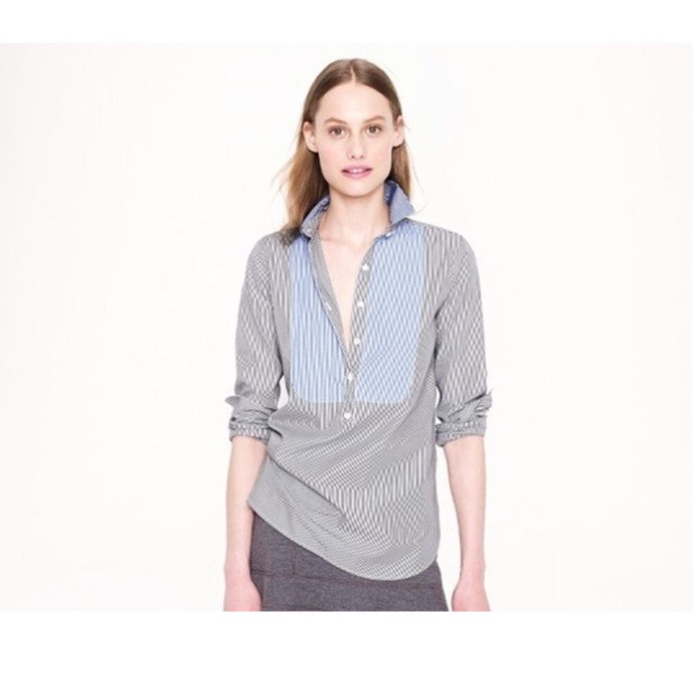 J. Crew Tunic Striped Bib Popover Long Sleeve Button Down Shirt Top 00 Blue Grey